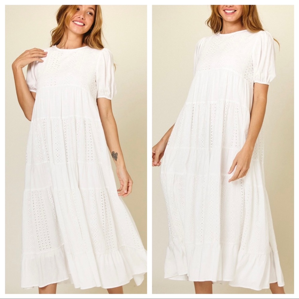 38 Boho absolutely Beautiful Short Puff Sleeves Lace Midi Dress - Picture 4 of 6
